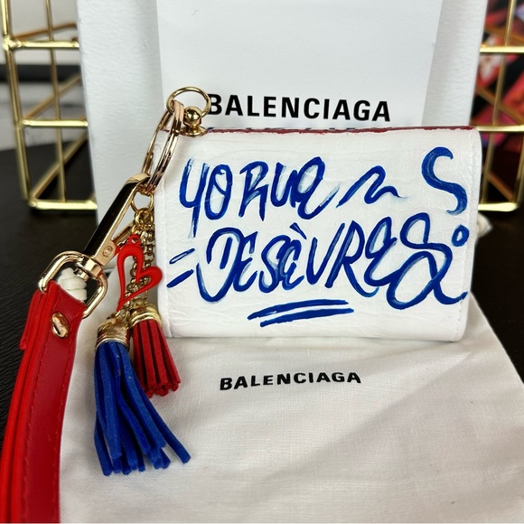 BALENCIAGA Graffiti leather compact wallet wristlet with keychain charm - Picture 2 of 14